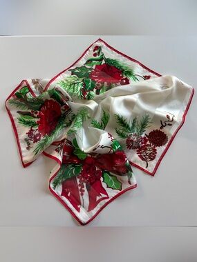 Elaine Gold for XIIX Red Green and White Floral Festive Silk Scarf